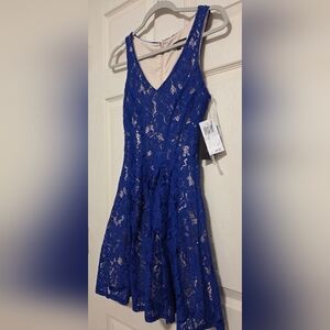 City Studios Juniors' Floral Lace Shell Flare Electric Blue Dress . Size 1